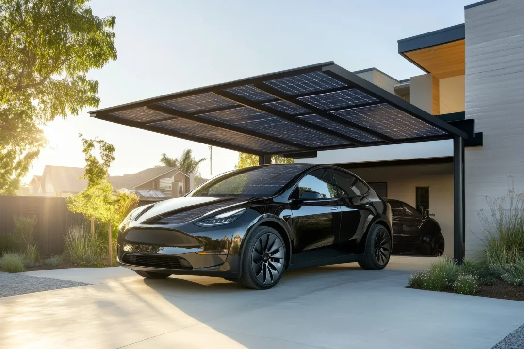 A car in a well-built solar-powered parking garage
